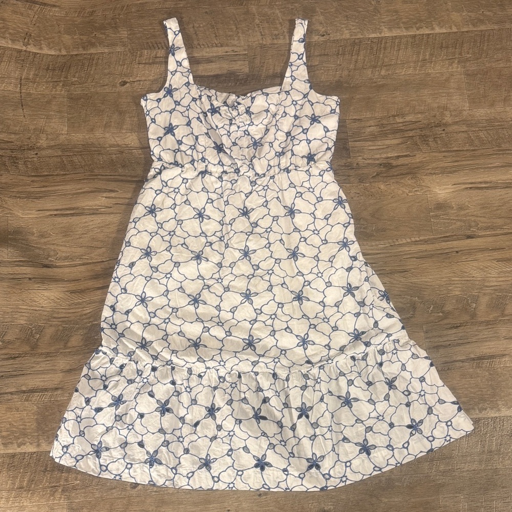 Draper James White Dress with Blue Floral Embroidery — Midi Sundress